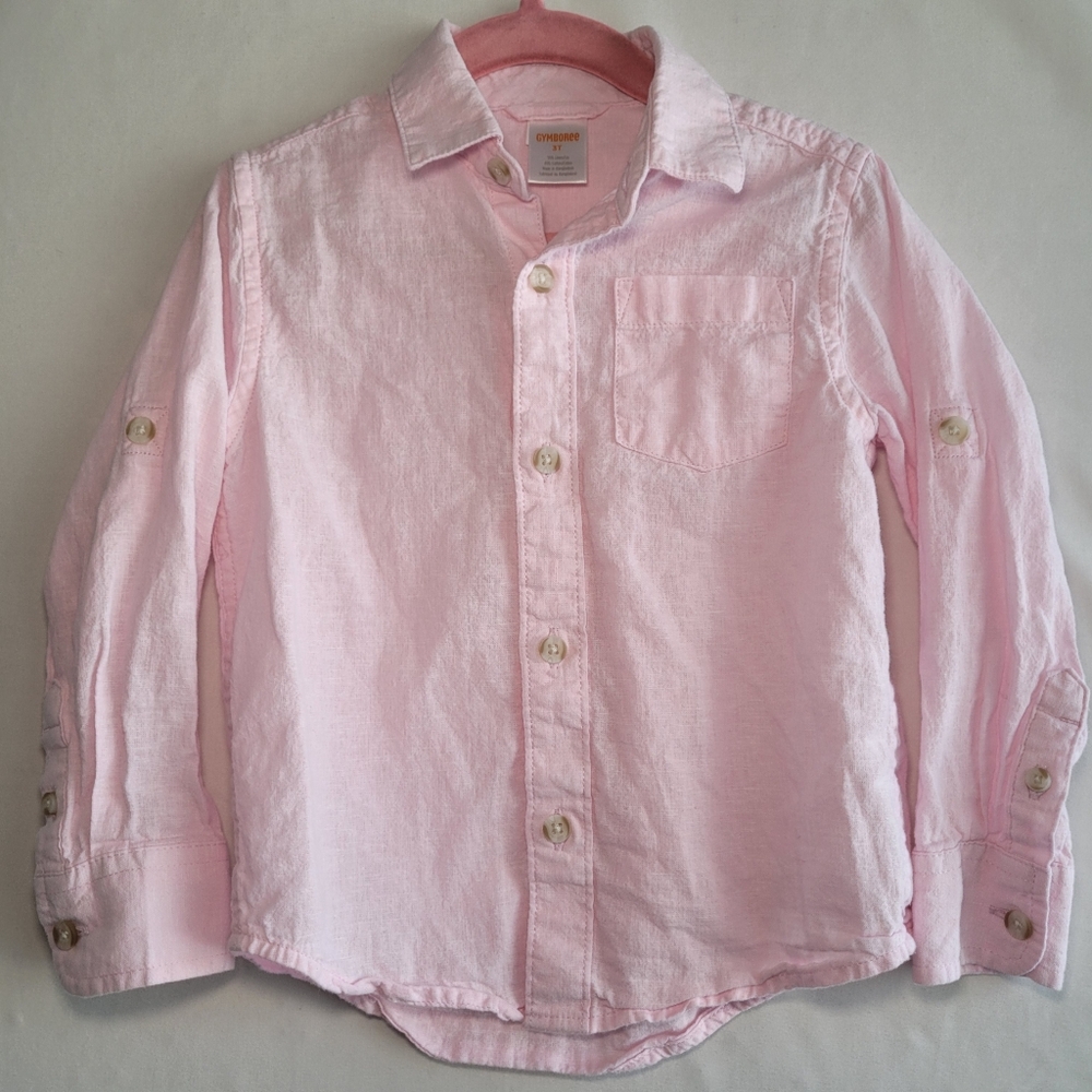 Gymboree Linen Dress Shirt Boys 3T Button Up Front Preppy Classic Pink